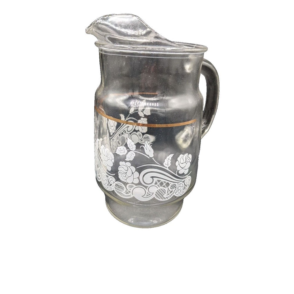 Vintage Clear Glass Pitcher with‎ White Rose Floral Pattern Gold Band and Lid
